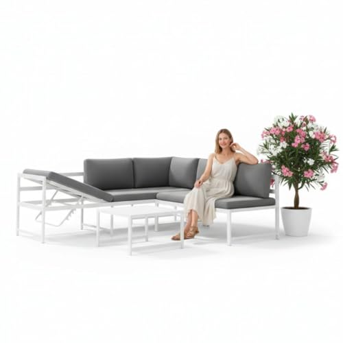 Mucola Gartenmöbel Set Weiß Aluminium Ecklounge 6-Fach verstellbare Rückenlehne Sitzgruppe variabel aufstellbare Elemente | wetterfest und rostfrei | extra Dicke Wasserabweisende Kissen