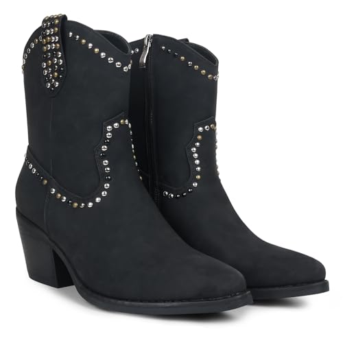 Womens Studded Cowboy Boots Fashion Vintage Sparkly Western Cowgirl Short Boots with Wide Calf Pointed Toe And Chunky Heel Design Ankle Boot2