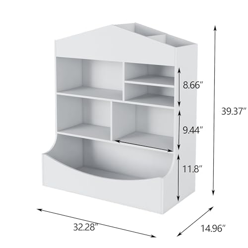 RASOO Kids Bookshelf with Storage Toy Storage Organizer with Bookcase, 4-Tier Freestanding Open Multi-Bins Toys&Books Display Organizer for Playroom, Bedroom, Nursery, School, White - Thumbnail 2