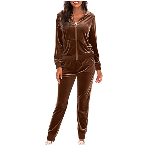 Generic - Ensemble de 2 pièces en velours pour femme, vêtements de détente, sweat à capuche et pantalons de sport, ensemble de survêtement et pantalons de sport, marron, L