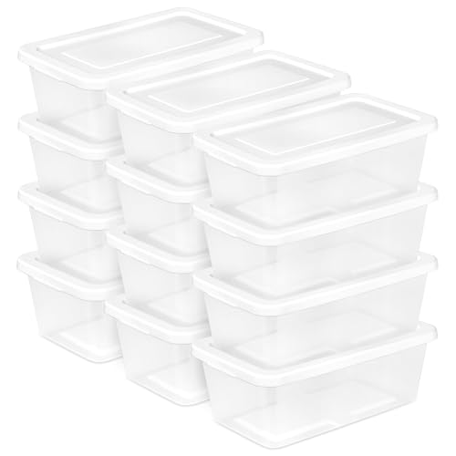 Sterilite 12-Pack 6 Quart Storage Boxes, Stackable Clear Plastic Bins with Snap-On Lids...