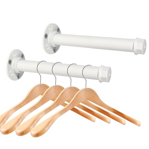 Cast Iron Wall Mounted Clothes Rack, Heavy Duty Industrial Pipe Clothing Rack for Hanging Clothes, Garment Racks for Wardrobe Organizers and Storage, DIY Closet Rods Closet Bar (White 2 Pack, 8 in)