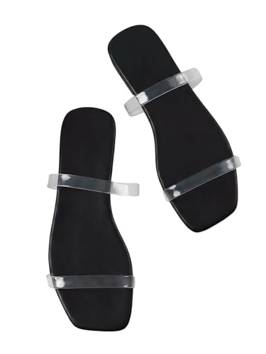 Image of GORGLITTER Women's Summer Beach Clear Flat Sandals Cute Trendy Square Toe Double Strappy Slide Flat Sandals Wedding Shoes