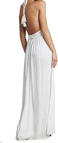 Image of R.Vivimos Boho Maxi Dresses for Women 2026 Summer Sleeveless Halter Elastic Waist Sexy Backless Front Slit Flowy Long Dresses