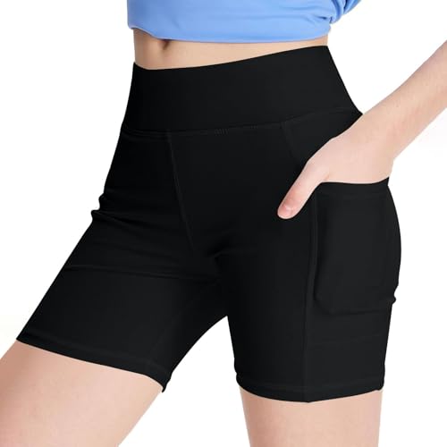 Pantalones cortos elásticos de elastano para voleibol para niñas, para gimnasia, yoga, baile, compresión, con bolsillo para jóvenes y adolescentes, Negro, 12-13 años