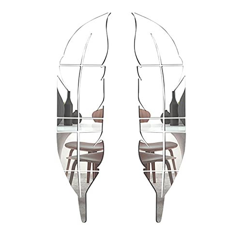 Bixzegg 2 Pcs 3D Acrylic Mirror Wall Decor Stickers, Silver Feather Shaped Set DIY Self-Adhesive Wall Art Decals, Home Decorations for Home Living Room Bedroom Bathroom (12 x 49 Inches)