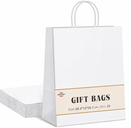 Switory Bolsa de papel Kraft de 25 piezas con asas, bolsa de regalo de compras blanca de 20x12x26,5cm con asas retorcidas para fiesta, embalaje, personalización, transporte, venta al por menor