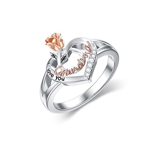 POPKIMI Gifts for Grandma Grandma Ring 925 Sterling Silver I Love You Grandma Jewelry Rose Flower Love Heart Ring Birthday Jewelry for Women (8)