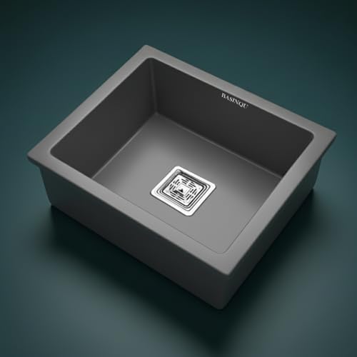 Image of BASINQU Quartz Sink for Kitchen | 21x18x9 Inches Quartz Kitchen Sink Grey | Granite Sink For Kitchen Basin UV Protected, Granite Scratch Resistant, Undermount /Topmount Sinks