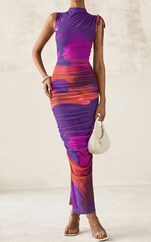 PRETTYGARDEN Women's Summer Maxi Floral Dresses Ruched Bodycon Sleeveless Mesh Formal Wedding Guest Cocktail Split Long Dress
