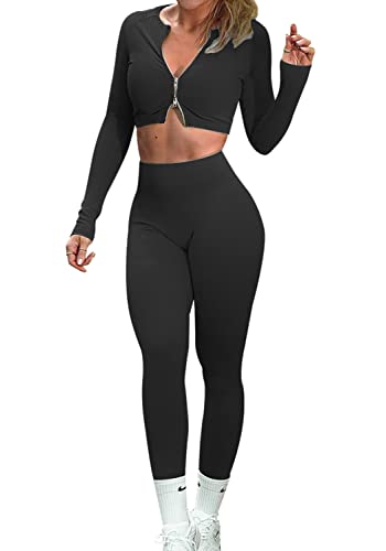 OLCHEE Damen-Workout-Sets, 2-teilig, nahtlos, säurewaschbar, Yoga-Outfits, kurze Ärmel, bauchfreies Top, Fitnessstudio, Sportbekleidung, Langarm + Leggings: Pure Black, Medium Cover