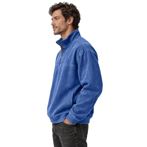 Denim Shirt Men Washed Retro Quarter Zip Pullover Top with Pockets - image 6