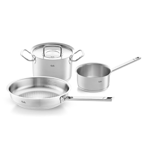 Fissler Original-Profi Collection Juego de ollas de acero inoxidable, 3 piezas, 1 olla con tapa de metal, 1 sartén sin revestimiento, 1 cazo sin tapa, inducción