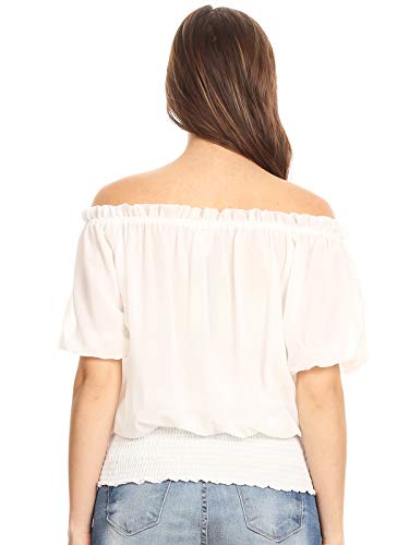 Anna-Kaci Womens Renaissance Peasant Blouse Off Shoulder Ruffle Shirts Boho Short Sleeve Smocked Top, White, Small #TOP3