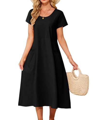 Niwicee Vestido Verano Mujer Elegant Vestidos Cuello Redondo Manga Corta Midi Vestido Casual Algodón Liso Vestidos Largo Medio Suelto Tallas Grandes Vestido Playa con Bolsillos (Negro, XXL)