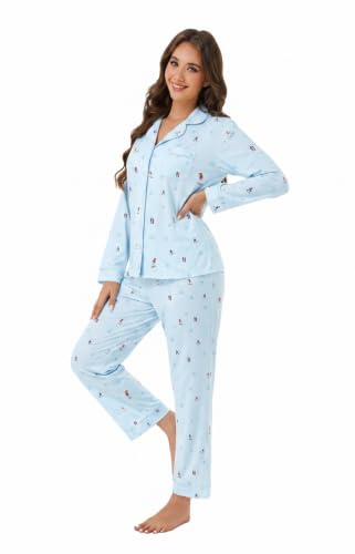 Image of LUBOT Christmas Pajamas for Women 100% Cotton Pajama 2 Piece PJ Set Soft Long Sleeve Button Xmas Print Loungewear XS-XXL