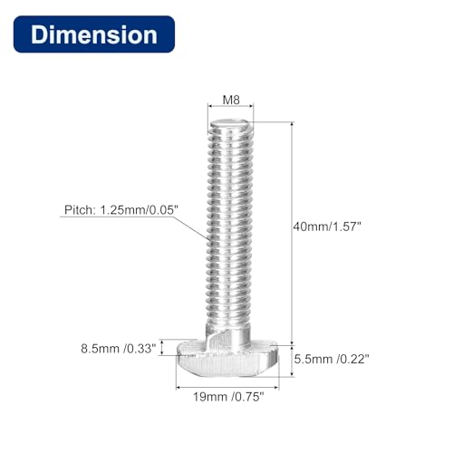 QUARKZMAN 10 Stück Hammerkopfschrauben T-Nut Schrauben, M8 x 40mm Hammerkopf Schraube T-Schraube Einsteckbolzen für 4545 Serie T-Nut Aluminium Profil, 304 Edelstahl, Silber
