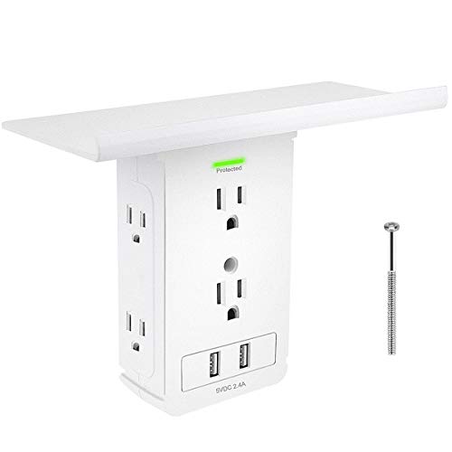 Surge Protector with Shelf,Wall Outlet Shelf with 6 Electrical Outlet Extenders,2 USB Charging Ports,Extra-Large Removable Built-In Shelf
