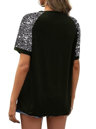 Women Sequined Splicing Short Sleeve T-Shirt Fashion Sparkle Sequin Party Tops Glitter Summer Beach Vacation Tee Shirt4