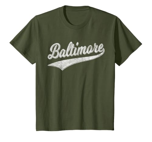Baltimore Maryland Varsity Script Vintage Sports Jersey T-Shirt, Youth, Olive Green, Medium