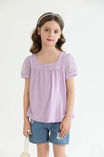 Image of Girls Shirts Puff Short Sleeve Tunic Tops Pleated Square Neck Loose Blouse for Girl Summer Casual Blouse Tee