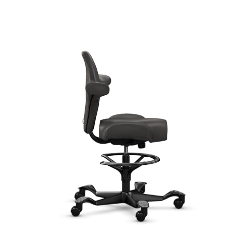 Image of HAG Capisco Sit to Stand Chair-Black Frame-Upholstered Gray Ash Vinyl-with Foot Ring