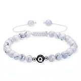 XYNSNDB Pulsera de Cuentas para Mujer, Pulsera de Piedra de ágata de 10 mm con Cuerda Ajustable con Letra AZ de 18 cm