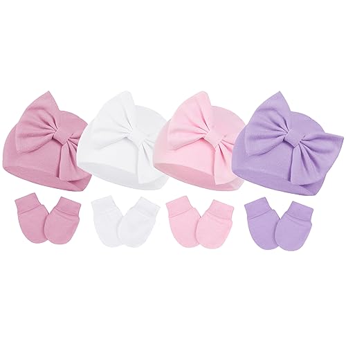 Century Star Newborn Girls Hats Baby Hat and Mitten Set Big Bow Knit Infant Headbands Winter Baby Hat for Girls E White & Pink & Purple & Deep Pink 3-6 Months