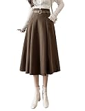 IDEALSANXUN Wool Midi Skirts for Womens High Waisted A Line Pleated Belted Fall Winter Skirts, Coffee, XS