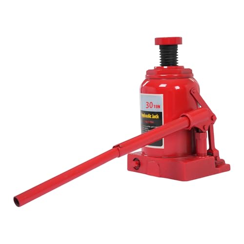 Hydraulic Stubby Low Profile Welded Bottle Jack, 30 Ton (66,138 lbs) Capacity, for Lifting Cars, Trucks, Heavy-Duty Machinery and Industrial Equipment, Red
