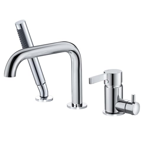 SHANFO 3 Loch Wannenrandarmatur, 3 Loch Badewannenarmatur mit 360°Drehbar Auslauf, Einzelgriff Wannenarmatur mit Handbrause, 3 Loch Armatur für Badewanne, Chrom, 11Y1OK