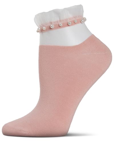 MeMoi Women's Sheer Ruffle Cuff Faux Pearl Anklet Sock Pink 9-11