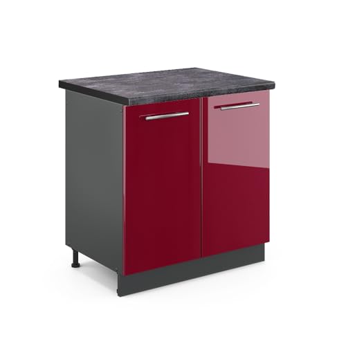 Vicco Meuble Bas sous-évier Fame-Line, Rouge Bordeaux Haute Brillance, 80cm, PT Anthracite, à Combiner avec d'autres modules de la série Fame-Line
