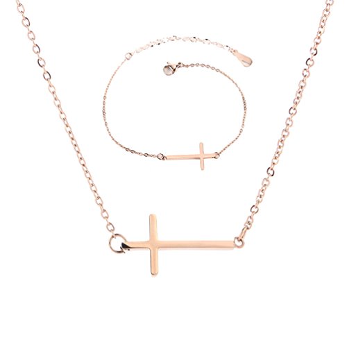 Sideways Cross Necklace Bracelets Set Rose Gold-Tone Silver-Tone XIAOLI (Rose Gold-Tone)