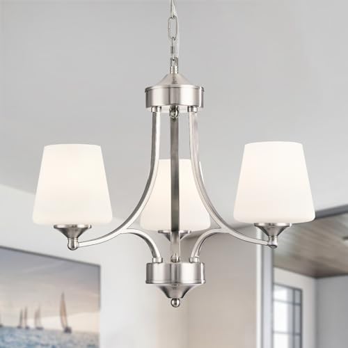Image of Brushed Nickel Dining Room Light Modern Sliver Chandelier with Frosted Glass, 3-Light Metal Farmhouse Kitchen Island Light Fixtures E26 Hanging Pendent Lighting for Living Room, Kitchen, Foyer