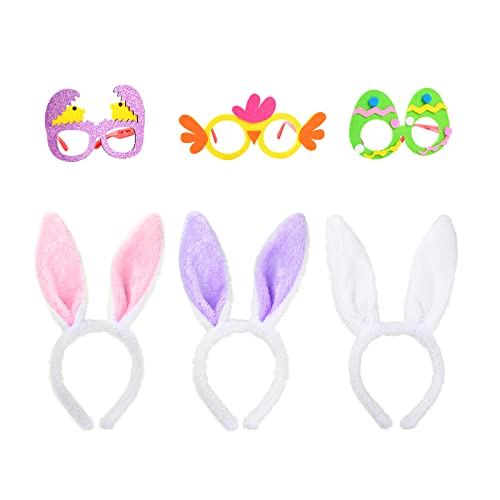 BOFUNX 3pcs Lunettes de Pâques Décoratives Drôles Deffets en forme de Lapin Poulet Oeuf +3pcs Serre-tête Oreille de Lapin Bandeau Pâques Déguisement pour Pâques Costume Cosplay Carnaval Halloween