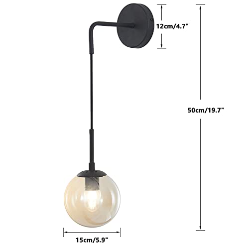 Image of BOKT Matte Black Amber Glass Round Wall Sconce Light Mid Century Modern Globe Bathroom Wall Sconce Lamp Farmhouse Industrial Adjustable Bar Wall Light Fixture (Black+Amber)