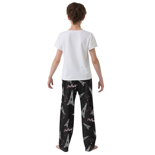 I Love Paris Eiffel Tower Boys Long Pants Soft Trousers Elastic Waist Kids Lounge Bottoms with Pockets S-XL3