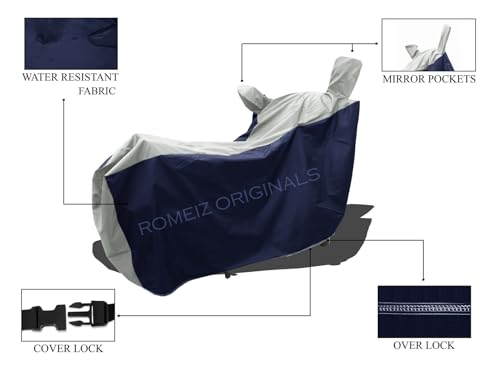 Image of All Weather Protection Bike Cover for TVS Jupiter 125 DT SXC Scooty Bike Cover with Water-Resistant and Dust Proof Premium 190T Fabric Grey Stripe with Navy Body