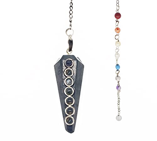 DOJA Barcelona | Pendel Anhänger Schungit | Chakra Steine Edelstein Kette mit 7 Kristalle Heilsteine+Schungit Stein | Heilsteine Kristall Kette mit Steinanhänger Bergkristall Halskette