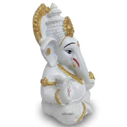 Image of JOY LAND Lord Ganesha Car Dashboard Idol | White & Gold Ganesh Murti for Car Dashboard, Home & Office Decor (White Gold)
