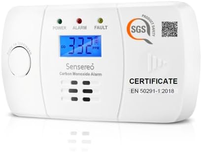 Carbon Monoxide Detector by Figaro Sensor, 10-Year Life Carbon Monoxide Alarm for Home Safety, Replaceable AA Batteries Included, CO Detector with LED/LCD Display, BS-EN50291 marked