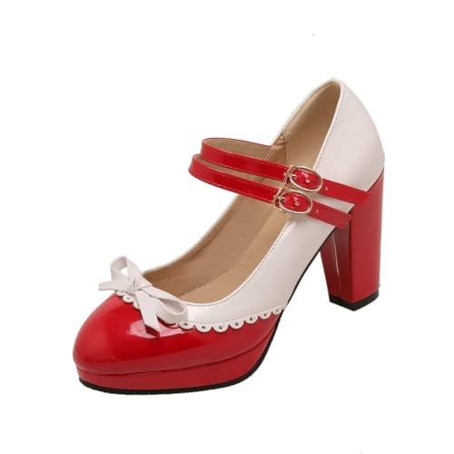 Frauen Rockabilly Pumpe Mary Janes mit Bow Retro Runde Zehe Schuh mit Knöchelgurt Oxford Plattform Schuhe(Red,41 EU)