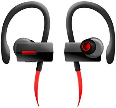 An example of compatible headphones, Sentry BT990 Sport Buds, shown in black and red.