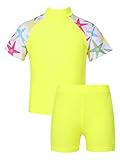 Aislor Mädchen Bademode 2-teiliges Badeanzug mit Blumen Druck Kinder Badebekleidung UV-Schutz Rollkragen Kurzarm Badeshirt + Badehose Gr. 98-152 S Seestern Weiß 122-128