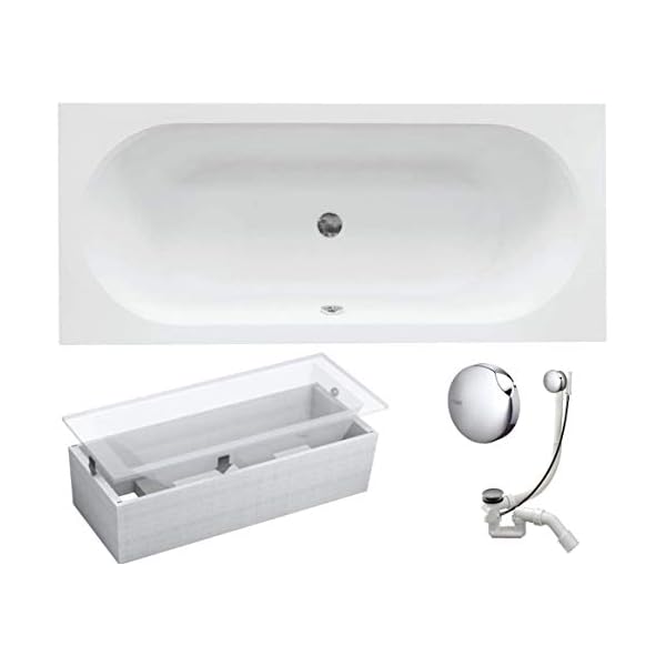 VBChome Badewanne 160x75 cm Acryl SET 3in1 Wannenträger Siphon Wanne Rechteck Weiß Design Modern Styroporträger Ablaufgarnitur in Chrom Viega Simplex für 2 Personen (160x75 cm)