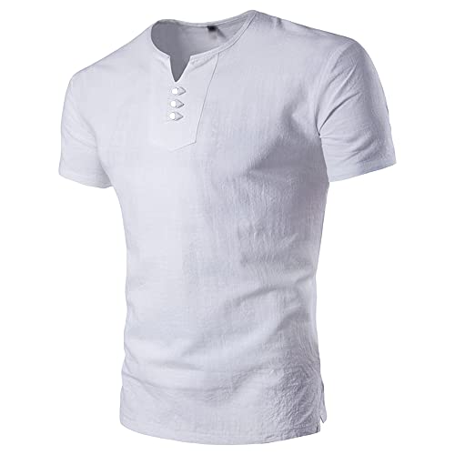 Men Cotton Linen Soft Pullover Casual Beach Hippie T-Shirts Short Sleeve V Neck Shirt for Mens (White,XX-Large)
