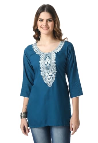 Image of LIBOZA Short Kurti for Women - Lakhnowi Chikankari Embroidered Ladies Kurta, Stylish Girls Top, Ethnic Half Kurtas, Tunic Design Woman Kurtis