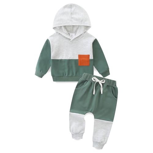 Image of Babymine Baby Boy Outfits Short Long Sleeve Pants Clothes Set Spring Summer Hooded Patchwork Sweatshirt