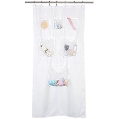 Mrs Awesome Fabric Stall Shower Curtain or Liner with 6 Mesh Pocket - 36 x 72 inch, Water Repellent, Odorless, Washable and Rust Proof Grommets Cover